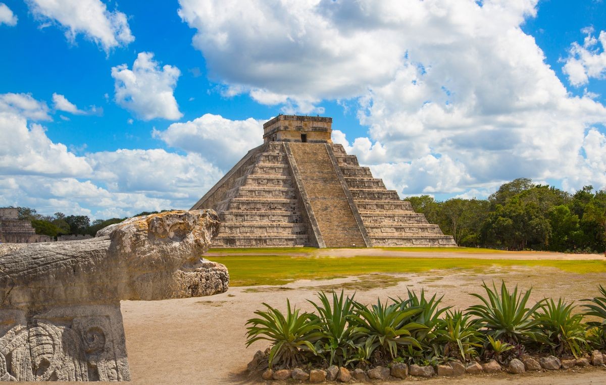 Mexico, Yucatan, Mayan Great Ball court and Temple of Jaguar.